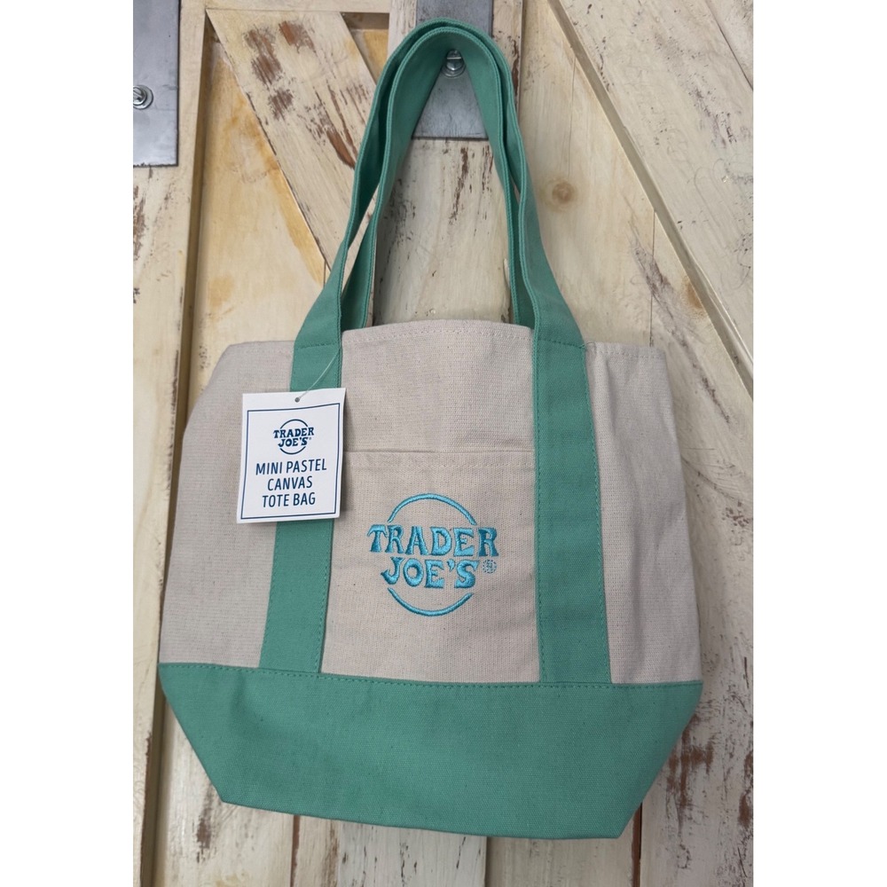 Trader's Joe Mini Tote Pastel Mint Green and Cream Canvas NWT